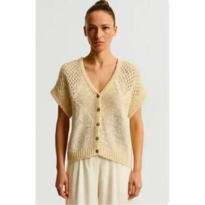 Peserico Open Knit Short Sleeve Cardigan Sweater Beige Quiet Luxury M L